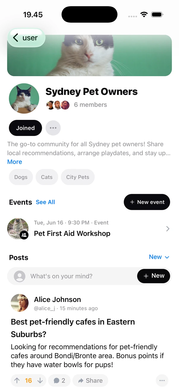 Pet owner community page with events, posts and member avatars