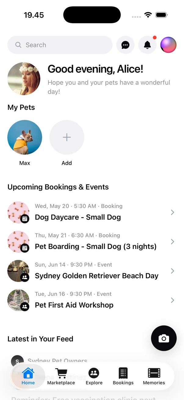 Fur IQ home screen with a personal greeting, the user's pets, and upcoming bookings and events