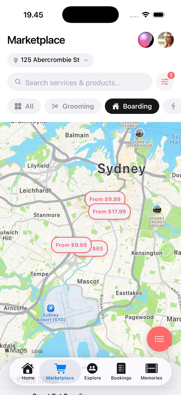 Marketplace map showing local pet pros with price pins and category filters